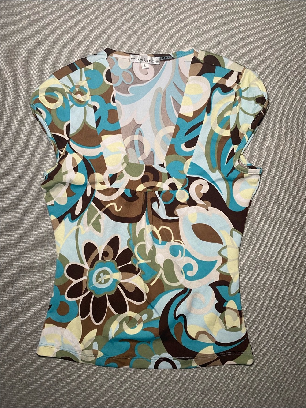 Vintage Moa Moa Top L Y2K Retro Floral Abstract Brown Blue Cap Sleeve
